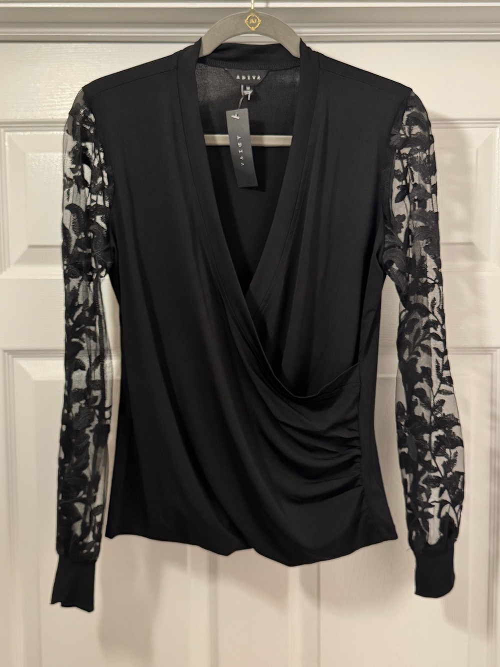 Adiva Black Surplice Top with Lace Sleeves